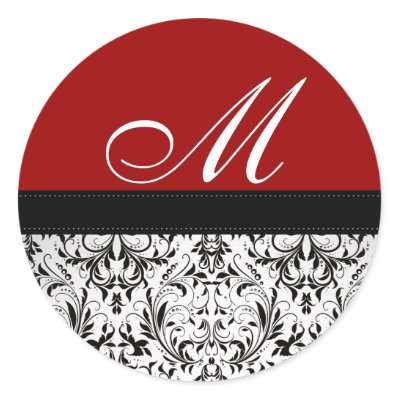 Elegant black and Red Damask Monogram Wedding Round Sticker