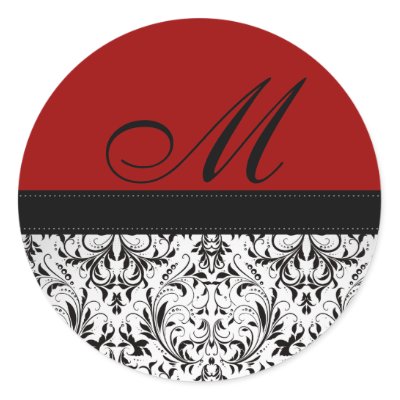 Elegant black and Red Damask Monogram Wedding Stickers