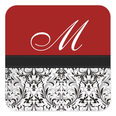 Elegant black and Red Damask Monogram Wedding Square Sticker