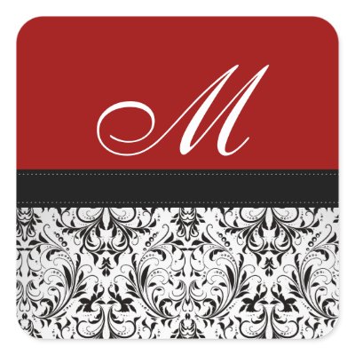 Elegant black and Red Damask Monogram Wedding Square Sticker