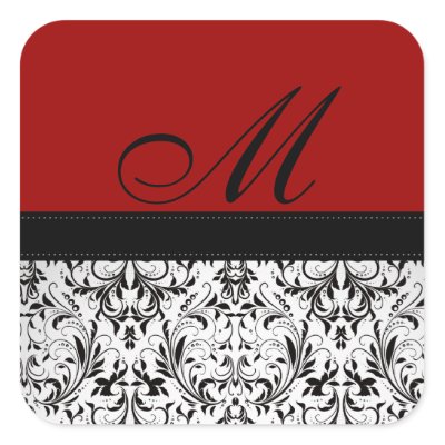 Elegant black and Red Damask Monogram Wedding Sticker