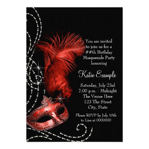 Elegant Black and Red Masquerade Party Personalized Announcements