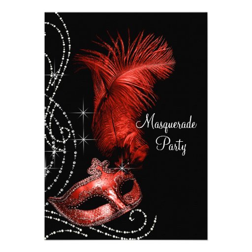 Elegant Black and Red Masquerade Party Personalized Announcements