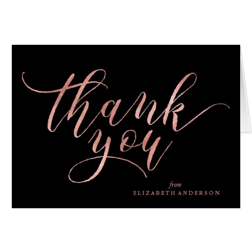 Elegant Black and Rose Gold Script Thank You Card Zazzle