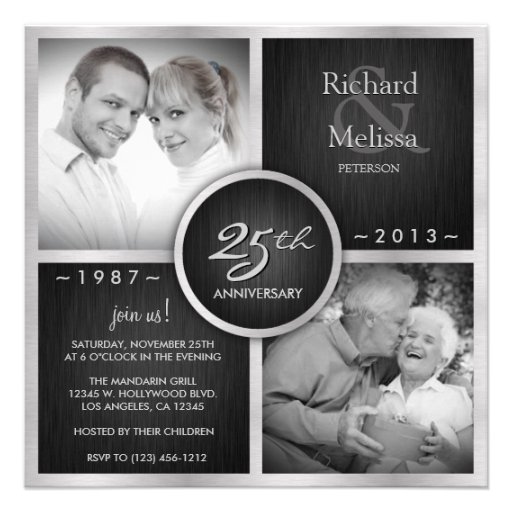 Elegant Black and Silver 25th Wedding Anniversary Custom Announcements (front side)
