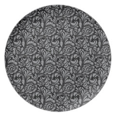 Elegant Black and Silver Damask Floral Pattern Plate