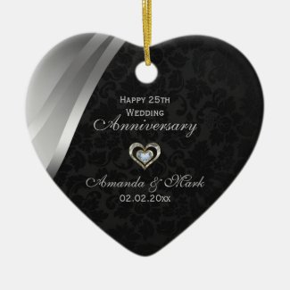 Elegant Black And Silver Gray 25th Anniversary Double-Sided Heart Ceramic Christmas Ornament