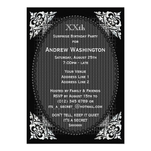 Elegant Black and Silver Surprise Birthday Custom Invitations