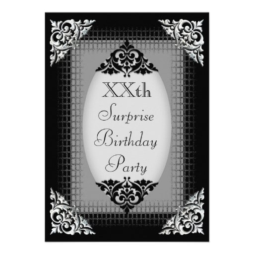 Elegant Black and Silver Surprise Birthday Custom Invitations