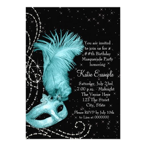Elegant Black and Teal Blue Masquerade Party Custom Invitations