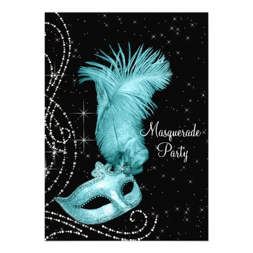 Elegant Black and Teal Blue Masquerade Party Custom Invitations (front side)