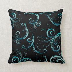 Elegant Black and Turquoise Floral Pattern Throw Pillow