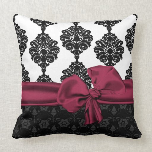Elegant Black and White Damask and Plum Bow Pillow