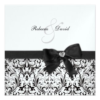 Elegant Black and White Damask with diamond bow Personalized Invitations