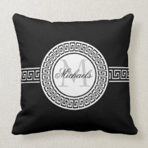 Elegant Black and White Greek Key Monogram Pillow