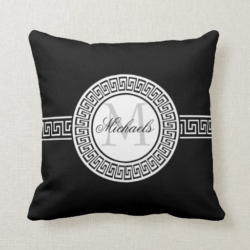 Elegant Black and White Greek Key Monogram Pillow Zazzle