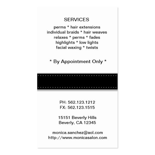 Elegant Black and White Hair and Nail Salon Business Cards (back side)