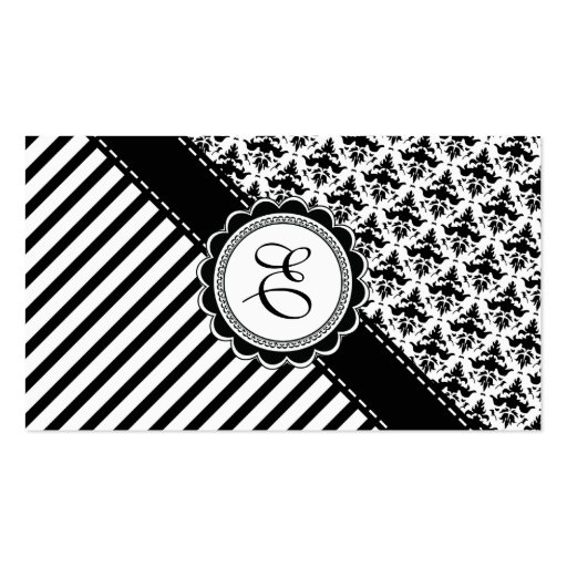 Elegant Black and White Retro Stripes and Damask Business Card (back side)