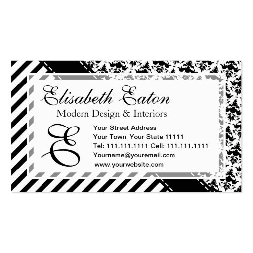 Elegant Black and White Retro Stripes and Damask Business Card (front side)