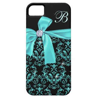 Elegant Black Aqua Damask Diamond Bow Monogram iPhone 5 Cases