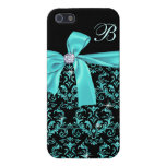 Elegant Black Aqua Damask Diamond Bow Monogram Cases For iPhone 5
