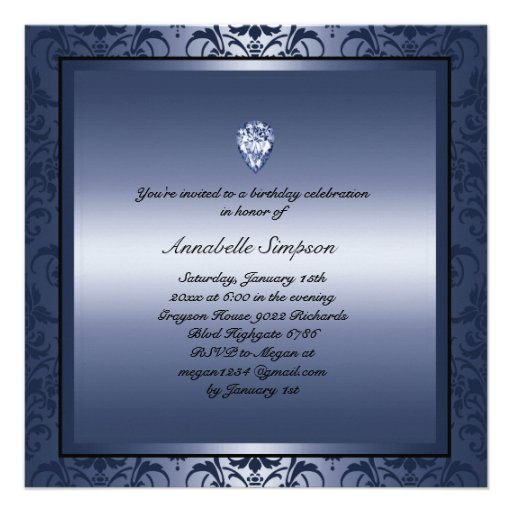 Elegant Black & Blue Damask Sweet16 Invite