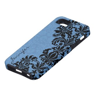 Elegant Black & Blue Vintage Floral Damasks iPhone 5 Cover