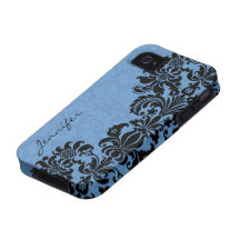 Elegant Black & Blue Vintage Floral Damasks Case-Mate iPhone 4 Cover