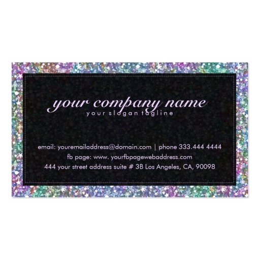 Elegant Black Colorful Purple Glitter & Sparkles Business Card Template (back side)