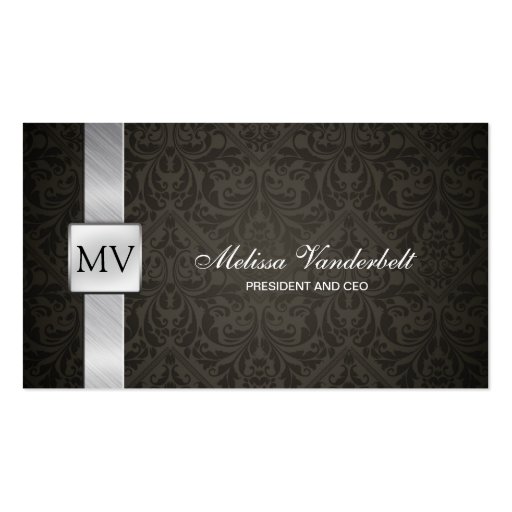 Elegant Black Damask and Silver Business Cards (front side)