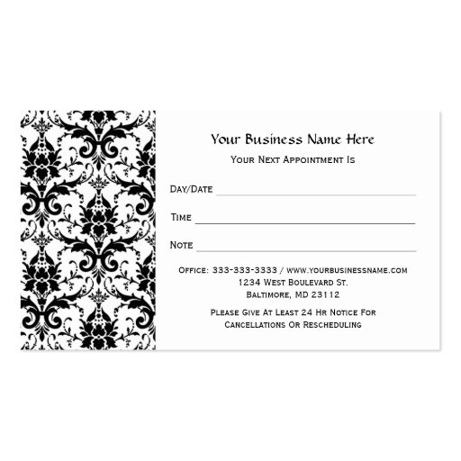 Elegant Black Damask Pattern Salon Appointment Business Card Templates (front side)