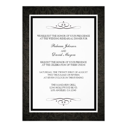 Elegant Black Damask Wedding Rehearsal Dinner Personalized Announcements