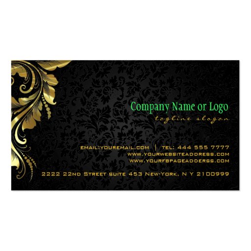 Elegant Black Damasks Gold Floral Lace 4 Business Card Template (back side)