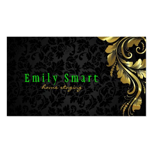 Elegant Black Damasks Gold Floral Lace 4 Business Card Template (front side)