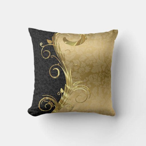 Elegant Black Damasks Gold Swirls Throw Pillow Zazzle