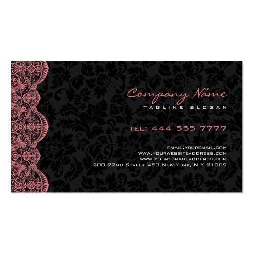 Elegant Black Damasks Pink Lace Business Card Template (back side)