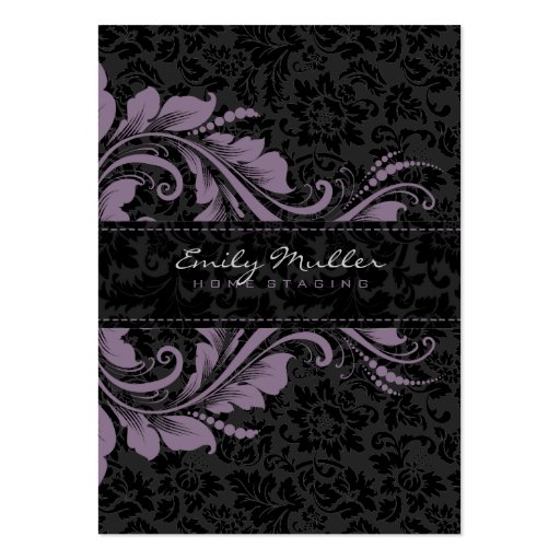 Elegant Black Damasks & Purple Floral Ornament Business Card Template (front side)