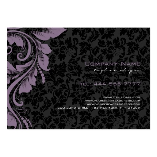 Elegant Black Damasks & Purple Floral Ornament Business Card Template (back side)