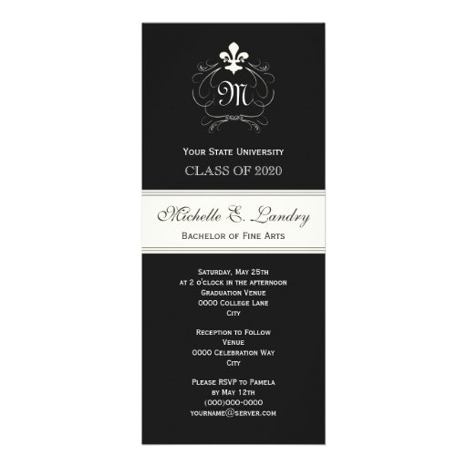 Elegant Black Fleur de Lis Formal Graduation Personalized Invitation