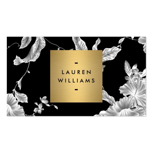Elegant Black Floral Pattern 3 with Gold Name Logo Business Card Templates (front side)