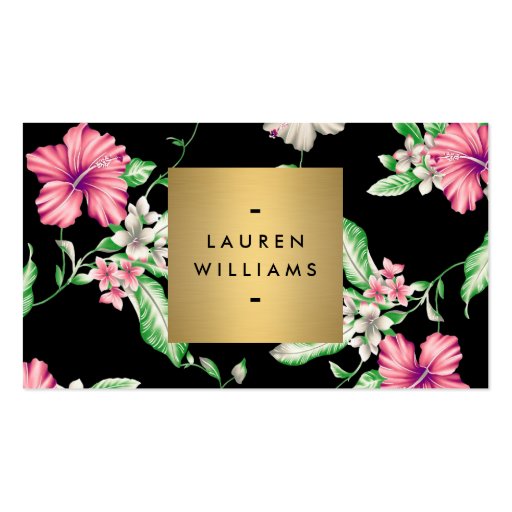 Elegant Black Floral Pattern 5 with Gold Name Logo Business Cards (front side)