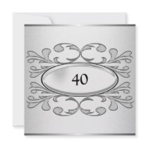 Elegant Black Floral Silver 40th Birthday Party Invitations