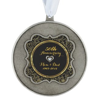 Elegant Black & Gold 50th Wedding Anniversary Scalloped Pewter Christmas Ornament