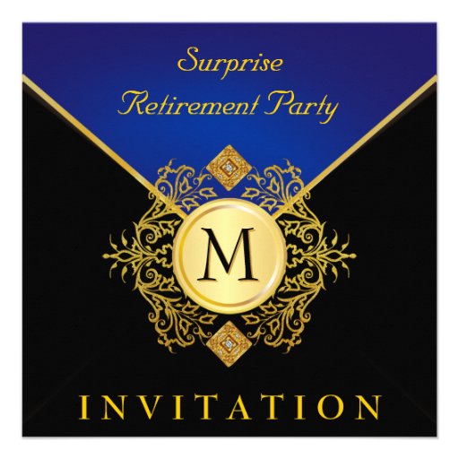 Elegant Black Gold Blue Monogram Special Occasion Personalized Invite