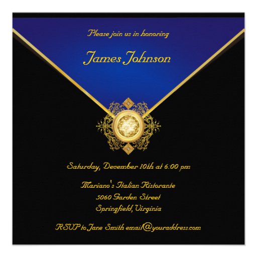 Elegant Black Gold Blue Monogram Special Occasion Personalized Invite