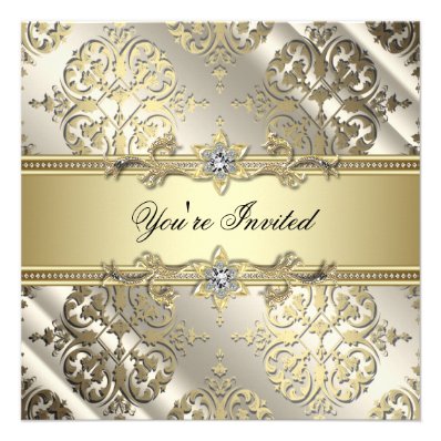 Elegant Black Gold Damask Party Personalized Announcements