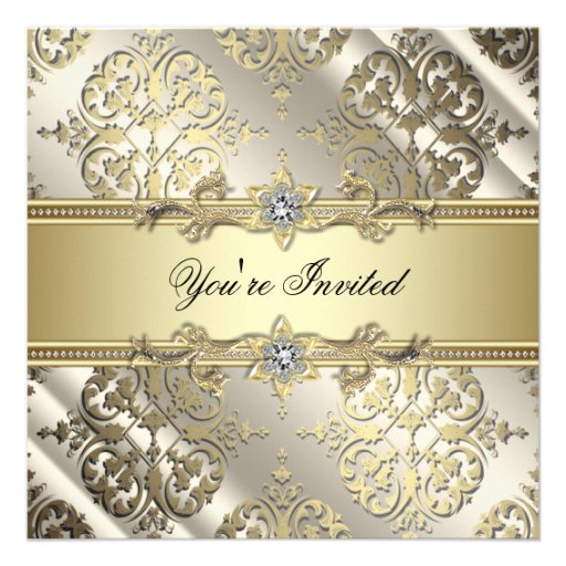 Elegant Black Gold Damask Party Personalized Announcements (front side)