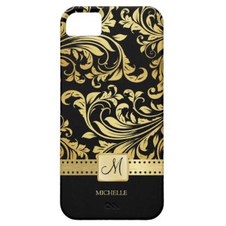 Elegant Black & Gold Damask with Monogram iPhone 5 Case