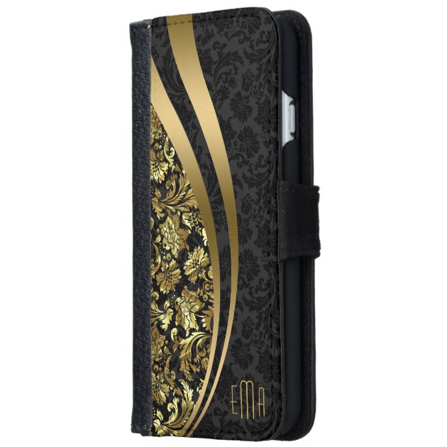 Elegant Black & Gold Damasks Dynamic Stripes iPhone 6 Wallet Case