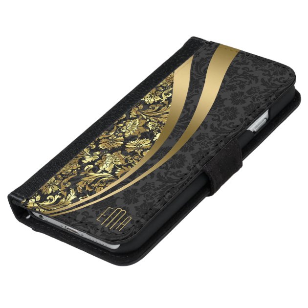 Elegant Black & Gold Damasks Dynamic Stripes iPhone 6 Wallet Case-5